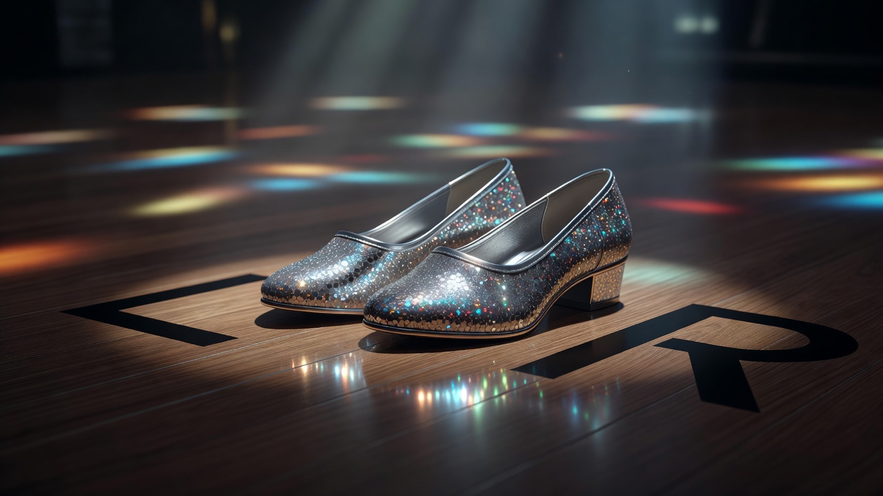 3D rendering of low-heeled dance shoes beside simple left and right floor markings