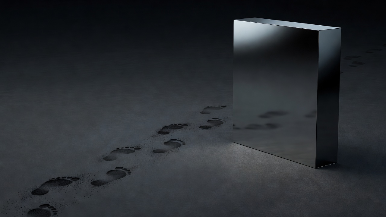 Rendered footprint path across a charcoal practice floor beside a softly lit mirrored object