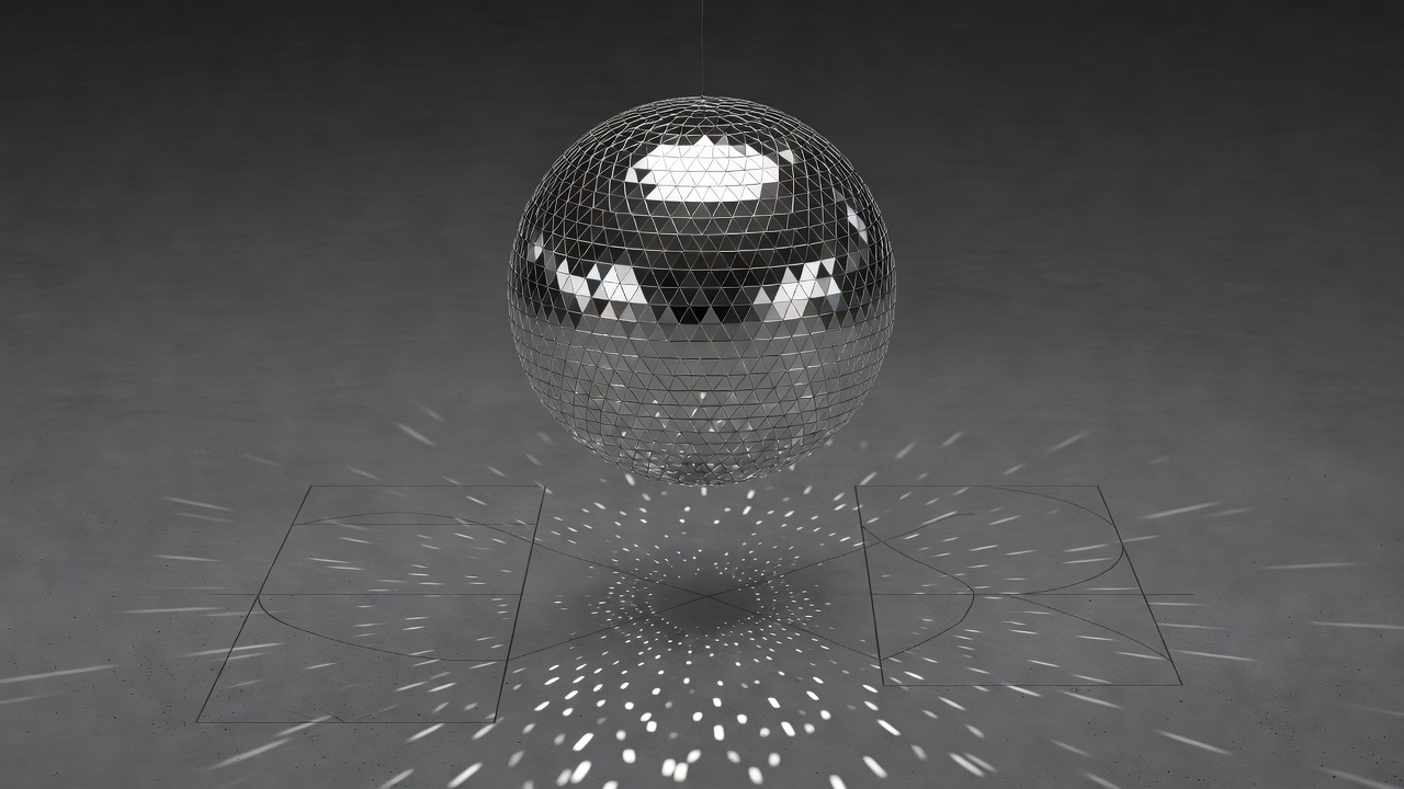 Soft-lit mirrored sphere above simple stage-floor markings in a contemporary 3D rendering