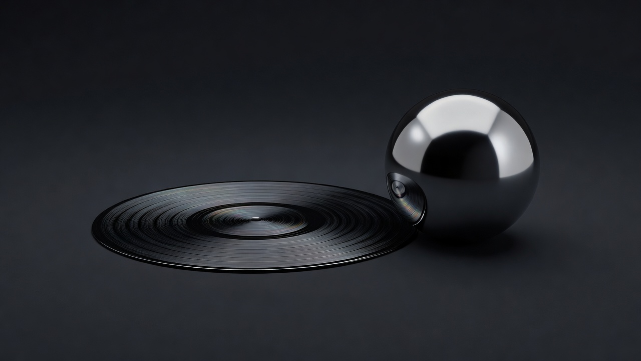 Soft-lit 3D rendering of a vinyl record beside a mirrored sphere on a plain dark background